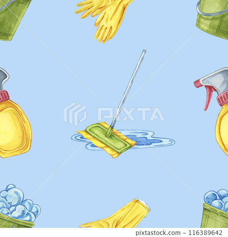 Seamless pattern with buckets, gloves, and spray bottles. Watercolor clipart for wrapping paper, cleaning product advertisements, and backgrounds for educational materials on home hygiene Seamless pattern with buckets, gloves, and spray bottles. Watercolor clipart for wrapping paper, cleaning product advertisements, and backgrounds for educational materials on home hygiene 116389642