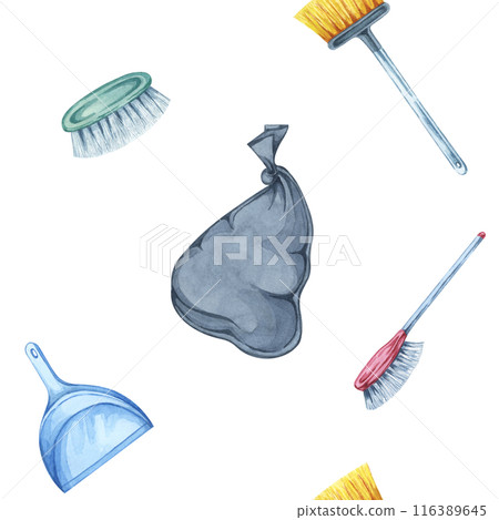 Black garbage bags, brooms, and dustpans watercolor seamless pattern. Background Clipart for use in waste management company branding, educational posters, and custom packaging designs Black garbage bags, brooms, and dustpans watercolor seamless pattern. Background Clipart for use in waste management company branding, educational posters, and custom packaging designs 116389645