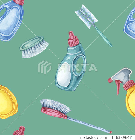 Cleaning tools colorful seamless pattern with spray bottles, detergent, and brushes. Suitable for fabric designs, cleaning service flyers, and educational materials on hygiene 116389647