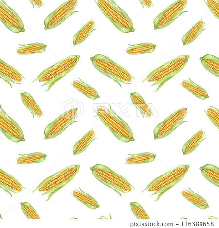 Yellow corn seamless pattern, green husk textile, golden cobs background. Watercolor sweetcorn botanical print design for clothes, wallpaper, wrapping paper, scrapbooking, food packaging, Thanksgiving 116389658