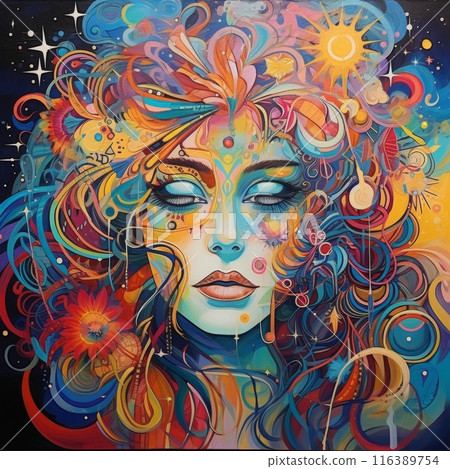 Vibrant Portrait of a Woman with Ornate Headpiece and Floral Background 116389754