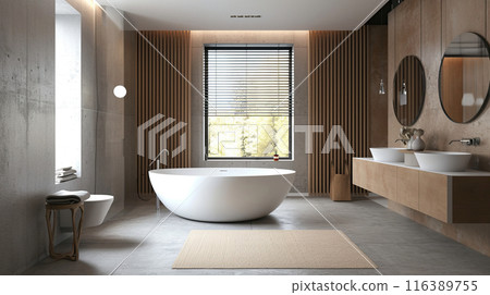 A bright and spacious bathroom with free-standing bath, set against backdrop of wood accents on walls. Interior design A bright and spacious bathroom with free-standing bath, set against backdrop of wood accents on walls. Interior design 116389755