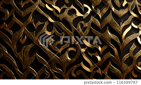 Golden Mosaic: Black marble with gold mosaic patterns. 3d background Golden Mosaic: Black marble with gold mosaic patterns. 3d background 116389787