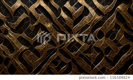 Golden Mosaic: Black marble with gold mosaic patterns. 3d background 116389824