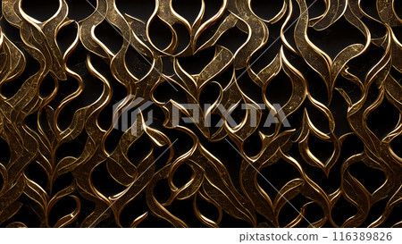 Golden Mosaic: Black marble with gold mosaic patterns. 3d background 116389826