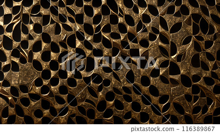 Golden Mosaic: Black marble with gold mosaic patterns. 3d background 116389867