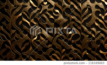 Golden Mosaic: Black marble with gold mosaic patterns. 3d background 116389883