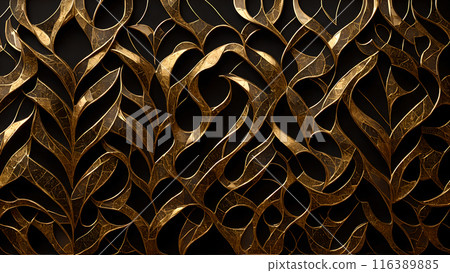 Golden Mosaic: Black marble with gold mosaic patterns. 3d background 116389885