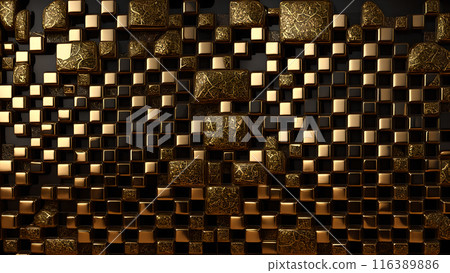 Golden Mosaic: Black marble with gold mosaic patterns. 3d background 116389886