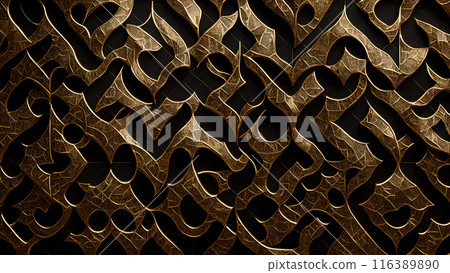 Golden Mosaic: Black marble with gold mosaic patterns. 3d background Golden Mosaic: Black marble with gold mosaic patterns. 3d background 116389890