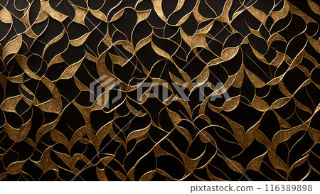 Golden Mosaic: Black marble with gold mosaic patterns. 3d background 116389898