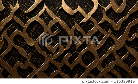 Golden Mosaic: Black marble with gold mosaic patterns. 3d background 116389919