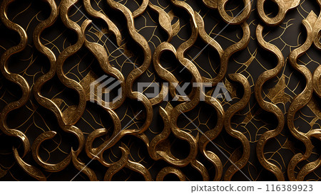 Golden Mosaic: Black marble with gold mosaic patterns. 3d background 116389923