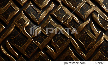 Golden Mosaic: Black marble with gold mosaic patterns. 3d background 116389928