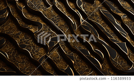 Golden Mosaic: Black marble with gold mosaic patterns. 3d background 116389933
