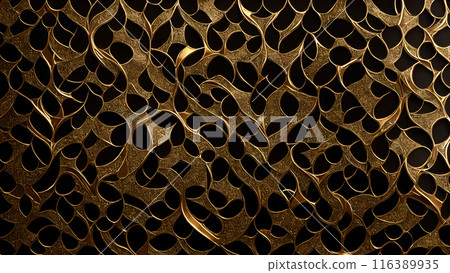 Golden Mosaic: Black marble with gold mosaic patterns. 3d background 116389935