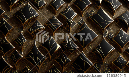 Golden Mosaic: Black marble with gold mosaic patterns. 3d background Golden Mosaic: Black marble with gold mosaic patterns. 3d background 116389945