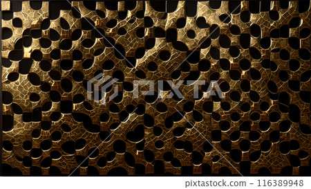 Golden Mosaic: Black marble with gold mosaic patterns. 3d background 116389948