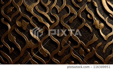 Golden Mosaic: Black marble with gold mosaic patterns. 3d background 116389951