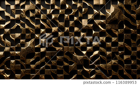 Golden Mosaic: Black marble with gold mosaic patterns. 3d background 116389953