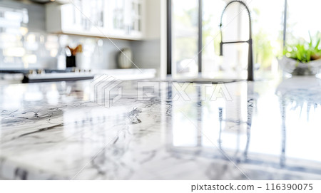Marble kitchen empty luxury countertop black and white, soft focus. Scene showcase template for promotional items, banner. Modern kitchen design 116390075