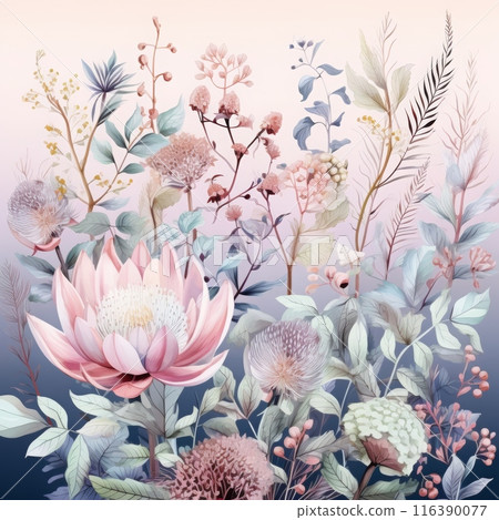 Pastel and colorful tropical flowers in full bloom with light background. 116390077