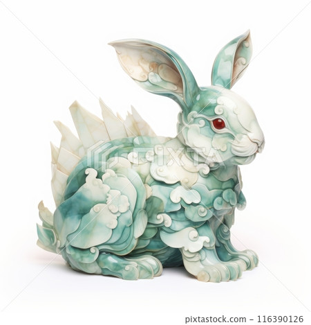Mythical Green Rabbit Sculpture With Red Eyes Isolated On White Background 116390126