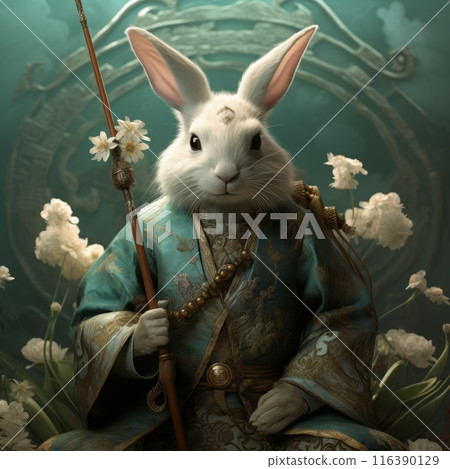 White rabbit in blue robe with staff and flowers on green circular background. 116390129