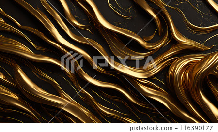 Golden Streaks Bold streaks of gold on a black marble background. 3d background  116390177
