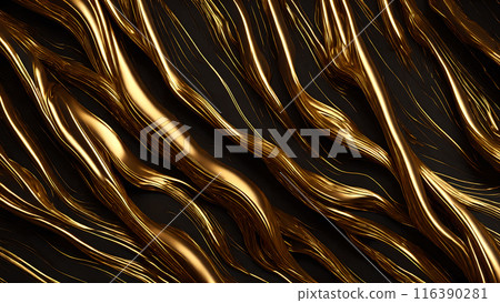 Golden Streaks Bold streaks of gold on a black marble background. 3d background  116390281