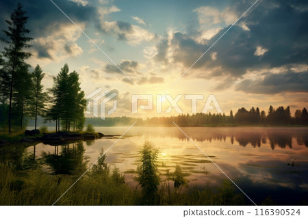 scenic mood of forests, rivers, calm mood and solitude. In the distance a breathtaking landscape at sunrise and sunset. Generative AI 116390524