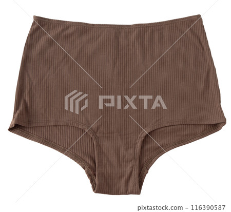 Panties isolated. Classic women's underwear in beige. Cotton jersey. 116390587