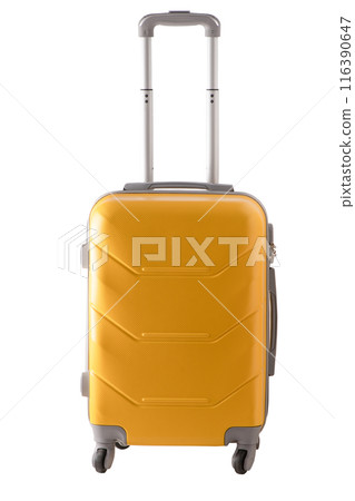 Travel yellow suitcase on wheels isolated on white background. Baggage handle case. 116390647