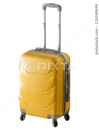 Travel yellow suitcase on wheels isolated on white background. Baggage handle case. 116390649
