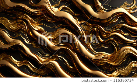 Golden Waves of gold flowing across black marble. 3d background  116390734