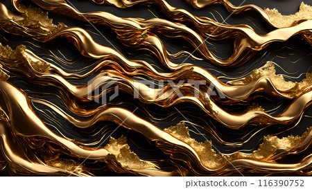 Golden Waves of gold flowing across black marble. 3d background Golden Waves of gold flowing across black marble. 3d background 116390752