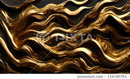 Golden Waves of gold flowing across black marble. 3d background  116390761
