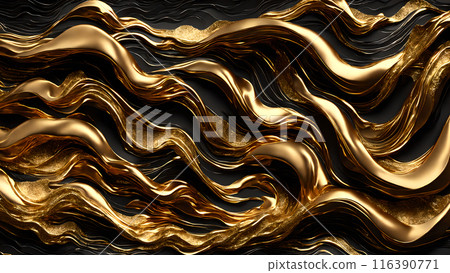 Golden Waves of gold flowing across black marble. 3d background  116390771