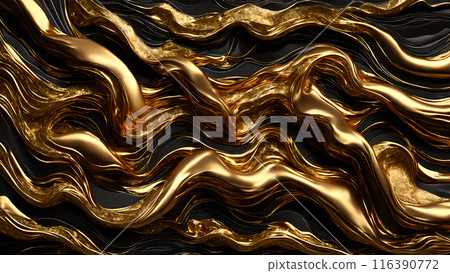Golden Waves of gold flowing across black marble. 3d background Golden Waves of gold flowing across black marble. 3d background 116390772