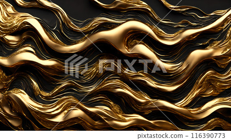 Golden Waves of gold flowing across black marble. 3d background  116390773