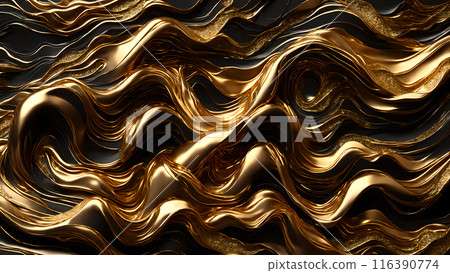 Golden Waves of gold flowing across black marble. 3d background  116390774