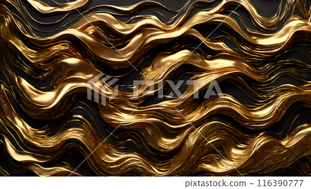 Golden Waves of gold flowing across black marble. 3d background  116390777