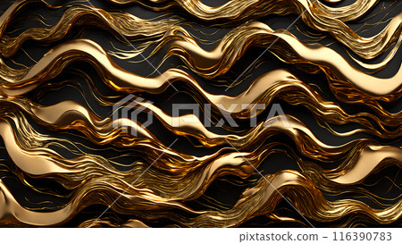 Golden Waves of gold flowing across black marble. 3d background  116390783