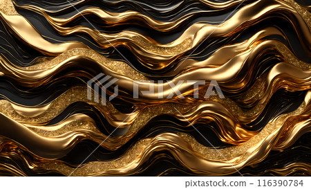 Golden Waves of gold flowing across black marble. 3d background  116390784