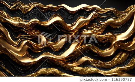 Golden Waves of gold flowing across black marble. 3d background  116390787
