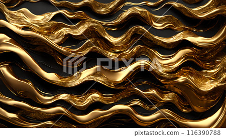 Golden Waves of gold flowing across black marble. 3d background  116390788