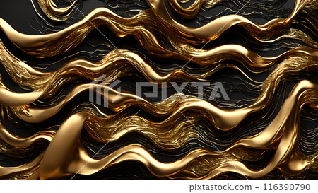 Golden Waves of gold flowing across black marble. 3d background  116390790