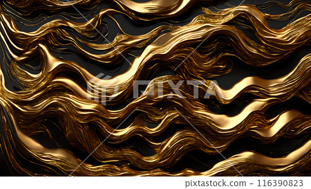 Golden Waves of gold flowing across black marble. 3d background  116390823
