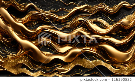 Golden Waves of gold flowing across black marble. 3d background Golden Waves of gold flowing across black marble. 3d background 116390825