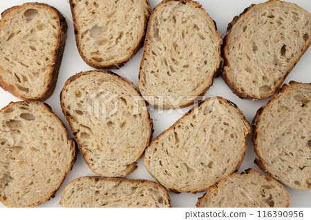 background of slices of bread isolated on white, top view 116390956
